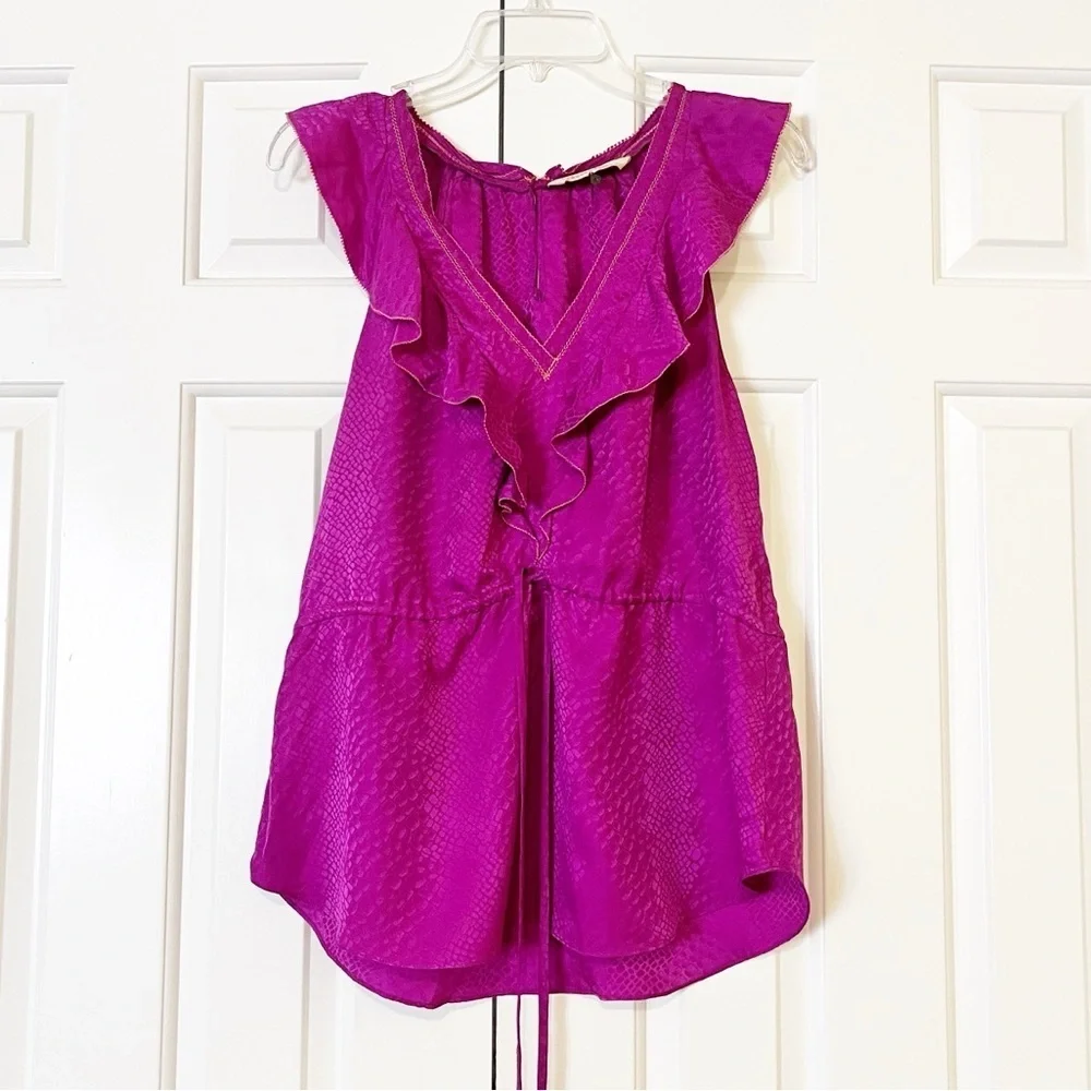 Rebecca Taylor sleeveless v-neck 100% silk flounce blouse w/ waist tie. Size 10 - Picture 2 of 16
